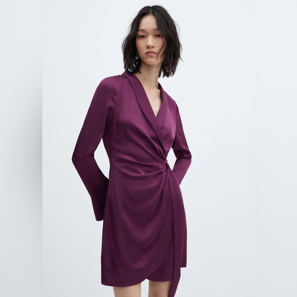 MANGO Wrapped Satin Buckled Dress Dark Purple Whimsical Statement Flare Sleeves - Picture 12 of 14